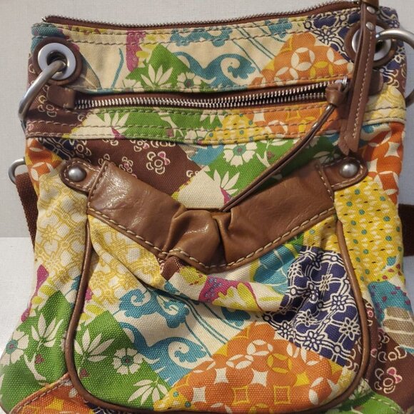 Fossil Floral Patchwork Canvas Crossbody Purse Bag Hippie Boho Zippers Pockets - Picture 1 of 8